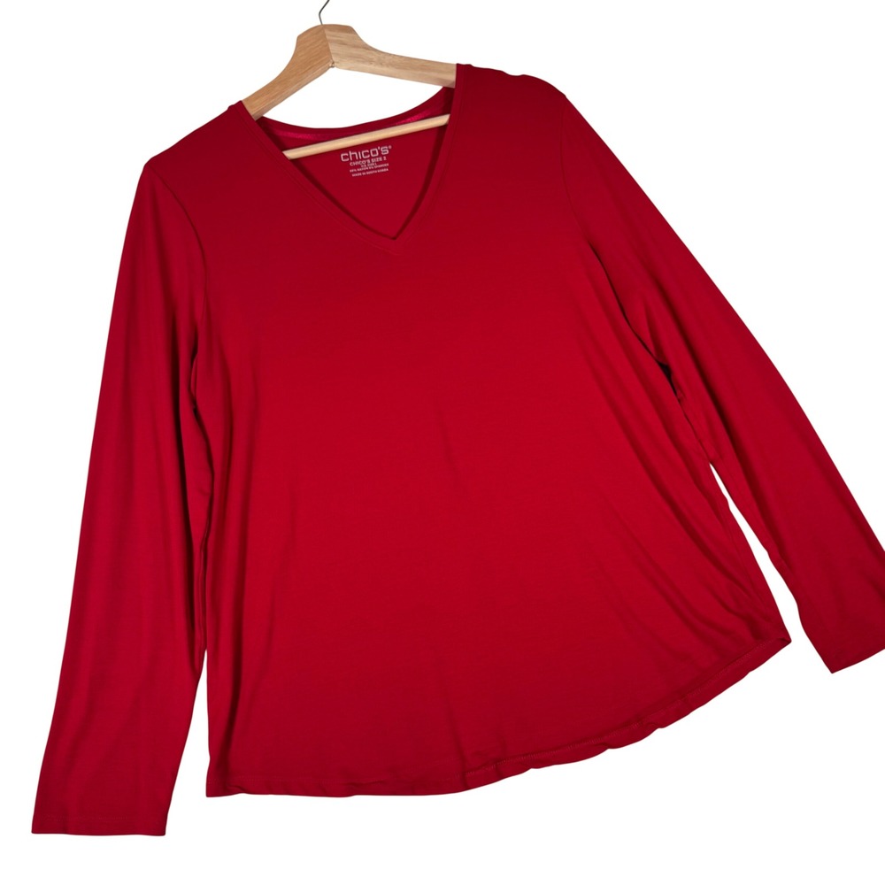 Chico's V-Neck Top Women L Red Long Sleeve Rayon Spandex Stretch 570395354 Basic